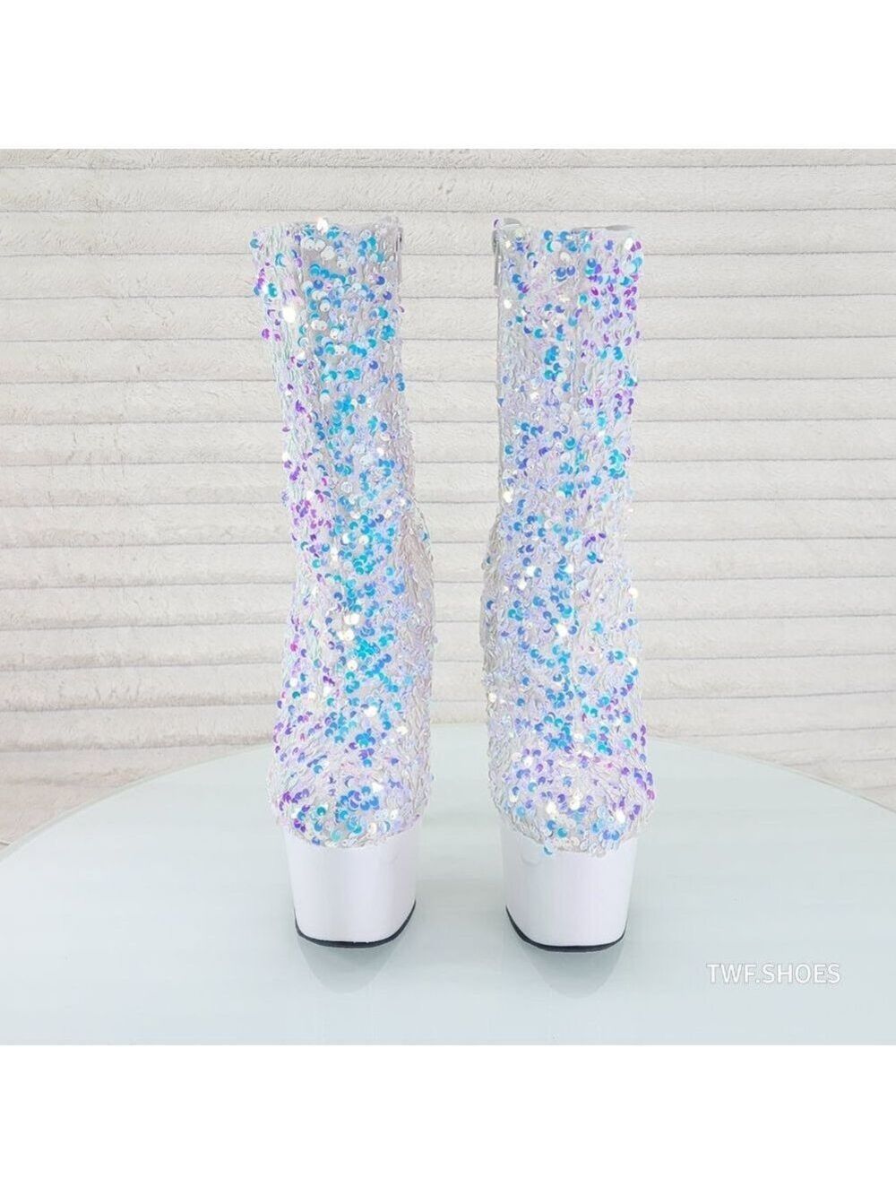 White Ice Multi Sequin Platform 7" Heels Ankle Boots Adore 1042 - Picture 6 of 8
